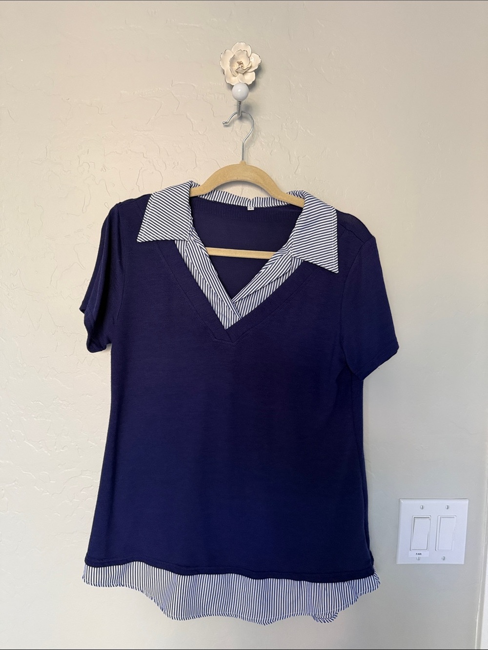 SHEIN Navy Short Sleeve V-Neck Top with Striped Collar